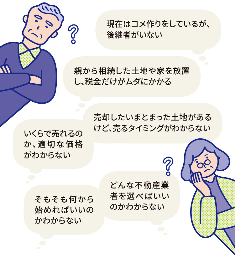 ・現在はコメ作りをしているが、後継者がいない・親から相続した土地や家を放置し、税金だけがムダにかかる・売却したいまとまった土地があるけど、売るタイミングがわからない・いくらで売れるのか、適切な価格がわからない